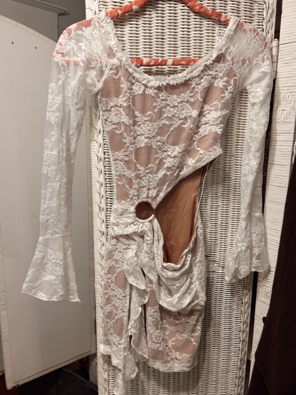 Fashion Nova White Lace Mini Dress with Nude Lining and Tie Cutout